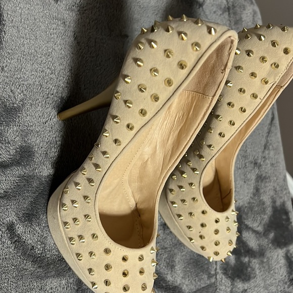 Worn Once Tan Heels with Gold Spikes - Picture 2 of 9